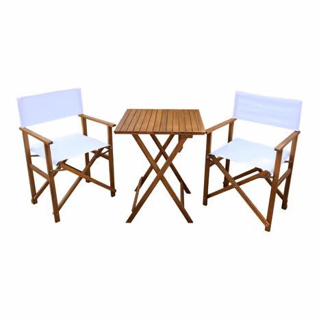 Location mobilier, ensemble de jardin table et fauteuil bois tissus pour vos évènements et mariages dans le Gard et l'Hérault